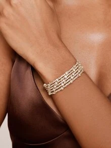 Valisandre Multi-Layer Fashionable Rhinestone Wrapped Open Cuff Handmade Bracelet For Women - Gold - View 6
