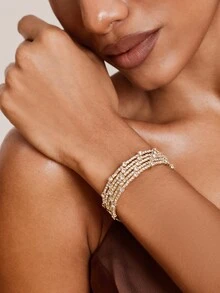 Valisandre Multi-Layer Fashionable Rhinestone Wrapped Open Cuff Handmade Bracelet For Women - Gold - View 7