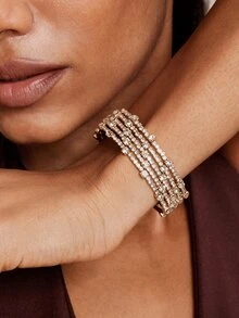 Valisandre Multi-Layer Fashionable Rhinestone Wrapped Open Cuff Handmade Bracelet For Women - Gold - View 3