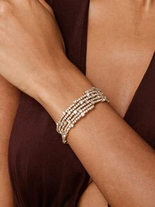 Valisandre Multi-Layer Fashionable Rhinestone Wrapped Open Cuff Handmade Bracelet For Women - Gold - View 1