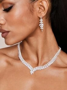 Valisandre 1pc Women's V-Shape Zirconia Necklace Set, Luxury Fashion Silver Jewelry 4pcs Accessory - Silver - View 3