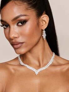 Valisandre 1pc Women's V-Shape Zirconia Necklace Set, Luxury Fashion Silver Jewelry 4pcs Accessory - Silver - View 4