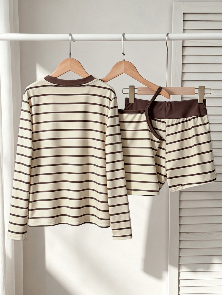 SHEIN Sparklyn Girls 3 Piece Yellow White Striped Knit Set Long Sleeve Button Up Cardigan Tank Top Elastic Waist Shorts Sweet Aesthetic Fashion Must Have Fall - Yellow - View 2