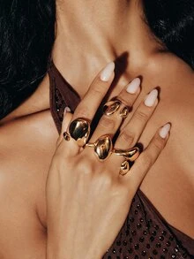 Valisandre 4pcs Retro Punk Geometric Asymmetrical Teardrop Open Ring Set, Minimalist Metal Gold Jewelry - Water Drop Ring Set - View 1