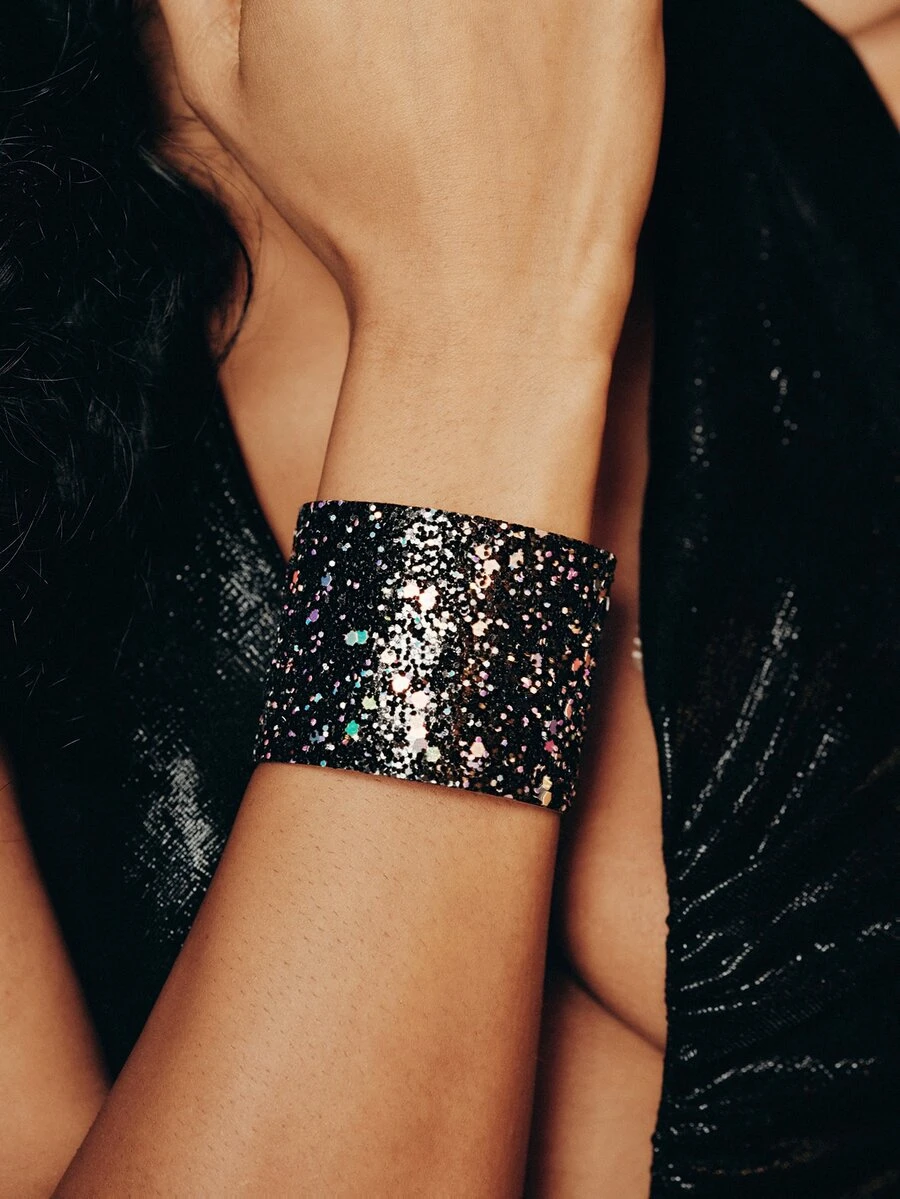 Valisandre 1pc Fashionable Simple Glitter Hinged Adjustable Wide Bangle - Black - View 1