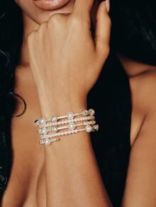 Valisandre 1pc New Fashion 5-Row Multi-Layer Crystal Pearl Twist Cuff Bracelet, Bridal Wedding Gift For Women And Girls - Silver - View 1