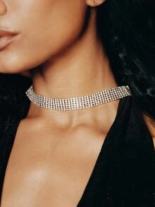 Valisandre 1pc Women's Silver-Tone Triple-Row Sparkling Cubic Zirconia Rhinestone Necklace, Suitable For Vacation, Formal Parties - Silver - View 3