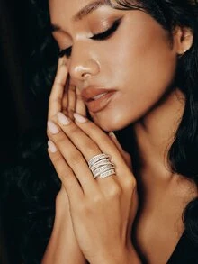 Valisandre 1pc Luxurious High-End Wide-Band Stacked Birthstone & Cubic Zirconia Inlay Ring - Silver - View 3