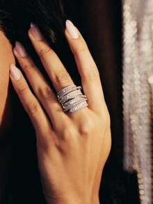 Valisandre 1pc Luxurious High-End Wide-Band Stacked Birthstone & Cubic Zirconia Inlay Ring - Silver - View 6