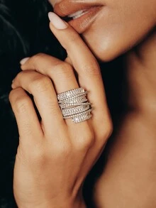 Valisandre 1pc Luxurious High-End Wide-Band Stacked Birthstone & Cubic Zirconia Inlay Ring - Silver - View 1