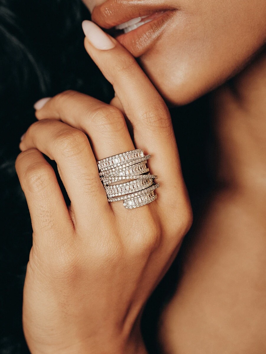 Valisandre 1pc Luxurious High-End Wide-Band Stacked Birthstone & Cubic Zirconia Inlay Ring - Silver - View 1
