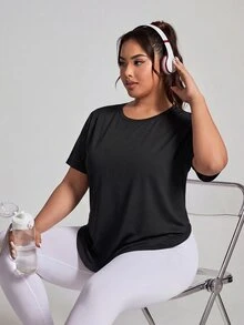 Easithlete Plus Size Women's Solid Color Short Sleeve Casual Fitness Sports T-Shirt - Black - View 3