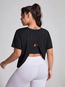 Easithlete Plus Size Women's Solid Color Short Sleeve Casual Fitness Sports T-Shirt - Black - View 1