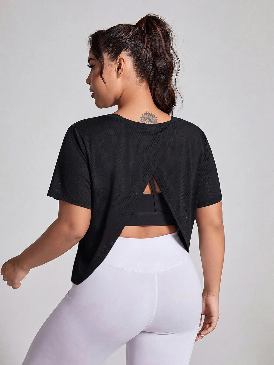 Easithlete Plus Size Women's Solid Color Short Sleeve Casual Fitness Sports T-Shirt - Black - View 1