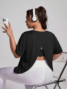 Easithlete Plus Size Women's Solid Color Short Sleeve Casual Fitness Sports T-Shirt - Black - View 5
