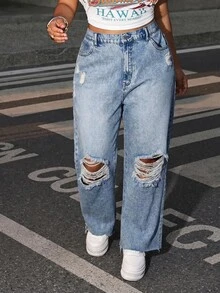 SHEIN ICON Plus Size Women's Distressed Straight Leg Loose Casual Denim Jeans With Pockets - Black - View 7