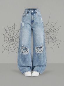 SHEIN ICON Plus Size Women's Distressed Straight Leg Loose Casual Denim Jeans With Pockets - Black - View 1