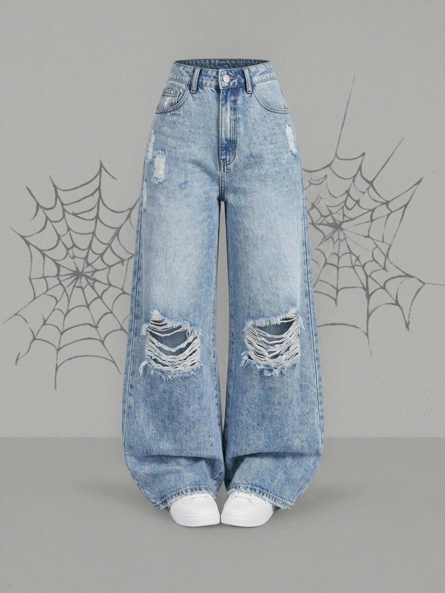 SHEIN ICON Plus Size Women's Distressed Straight Leg Loose Casual Denim Jeans With Pockets - Black - View 1