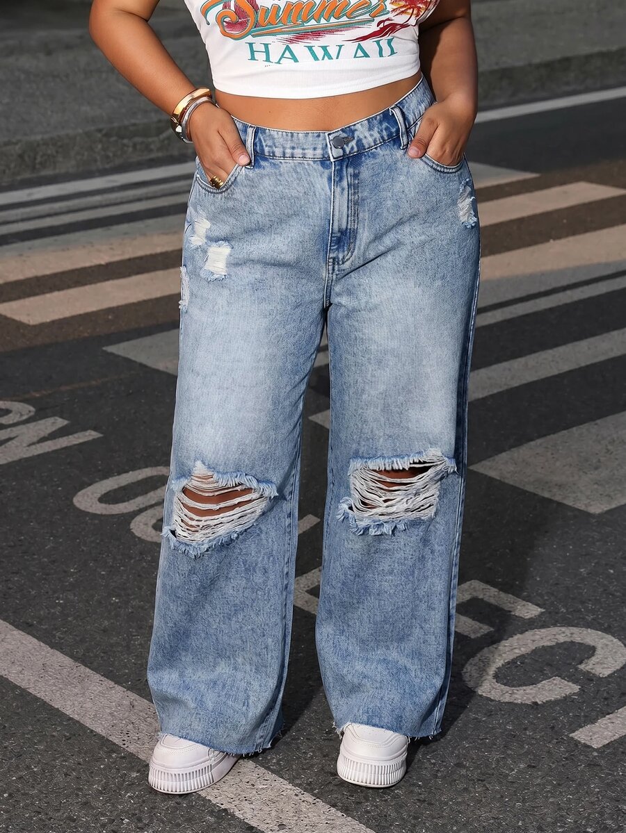 SHEIN ICON Plus Size Women's Distressed Straight Leg Loose Casual Denim Jeans With Pockets - Black - View 1