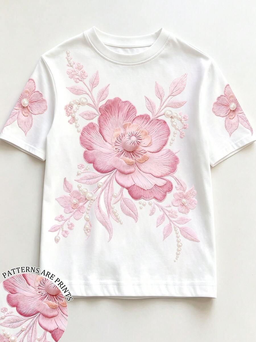 INAWLY 大码女式花卉刺绣珍珠印花休闲圆领短袖T恤,白色花卉图案上衣,适合夏季日常穿着和度假 - 彩色 - 查看 1