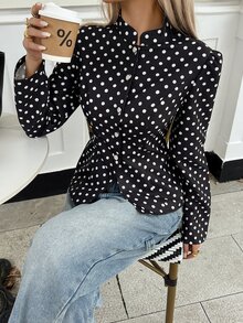 Siren Gaze 女款黑白波點長袖立領前扣短版夾克，適合休閒優雅、職場辦公與日常穿著，秋季款 - 黑與白 - 查看 11