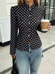 Siren Gaze 女款黑白波點長袖立領前扣短版夾克，適合休閒優雅、職場辦公與日常穿著，秋季款 - 黑與白 - 查看 4