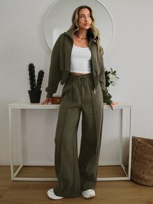 EURMUSE WOMAN COSY TWO PIECES LOUNGEWEAR WITH DOUBLE SIDE ZIPPER Travel Olive Green Autumn Casual - Army Green - View 8