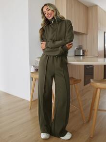 EURMUSE WOMAN COSY TWO PIECES LOUNGEWEAR WITH DOUBLE SIDE ZIPPER Travel Olive Green Autumn Casual - Army Green - View 5
