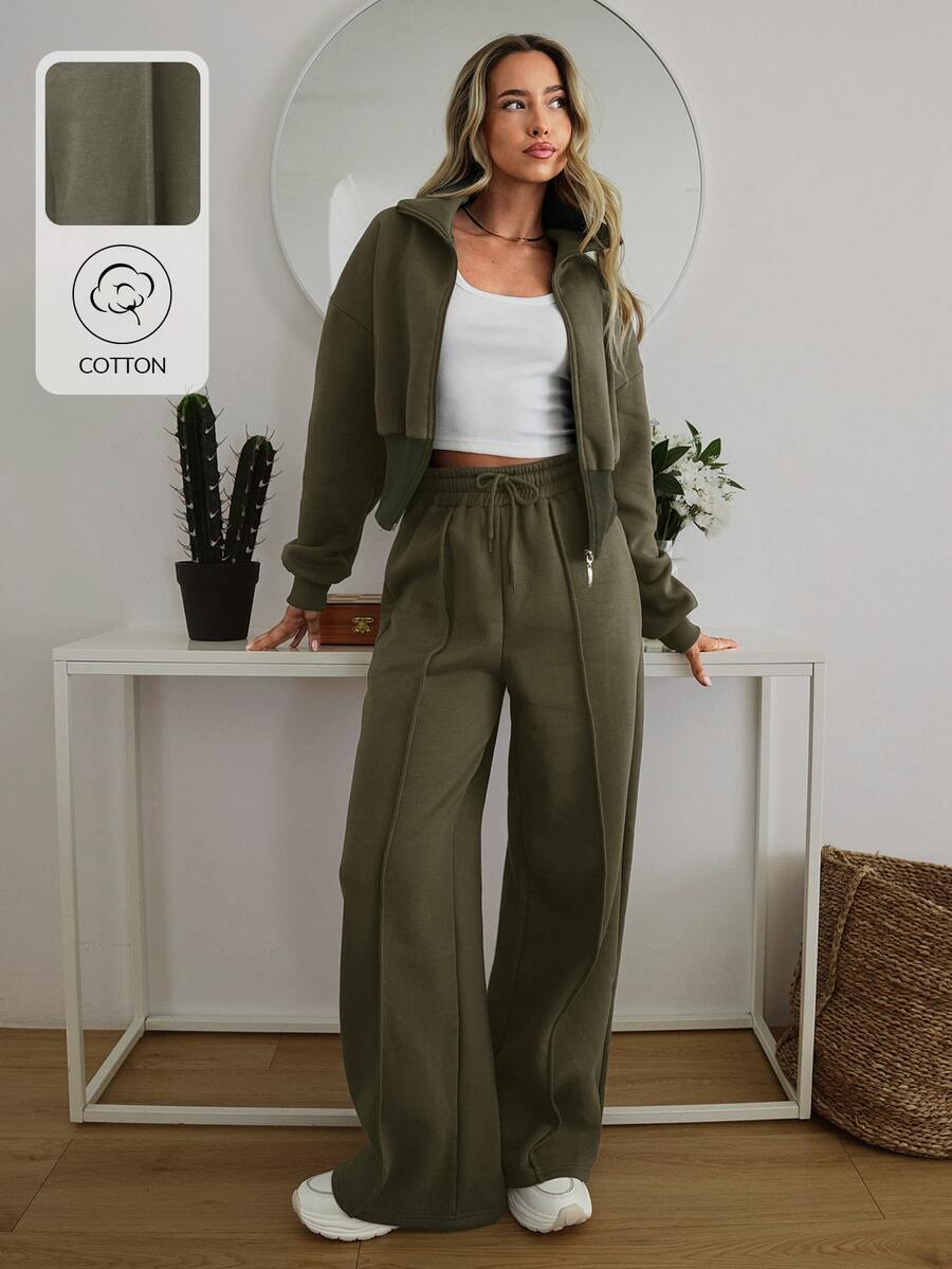 EURMUSE WOMAN COSY TWO PIECES LOUNGEWEAR WITH DOUBLE SIDE ZIPPER Travel Olive Green Autumn Casual - Army Green - View 1