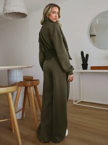 EURMUSE WOMAN COSY TWO PIECES LOUNGEWEAR WITH DOUBLE SIDE ZIPPER Travel Olive Green Autumn Casual - Army Green - View 2