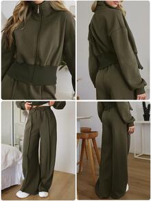EURMUSE WOMAN COSY TWO PIECES LOUNGEWEAR WITH DOUBLE SIDE ZIPPER Travel Olive Green Autumn Casual - Army Green - View 9