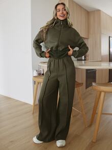 EURMUSE WOMAN COSY TWO PIECES LOUNGEWEAR WITH DOUBLE SIDE ZIPPER Travel Olive Green Autumn Casual - Army Green - View 6