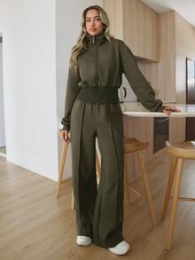 EURMUSE WOMAN COSY TWO PIECES LOUNGEWEAR WITH DOUBLE SIDE ZIPPER Travel Olive Green Autumn Casual - Army Green - View 3