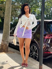 NegzBox Women's V-Neck Lace Patchwork Fitted Long Sleeve Tie Design Casual Sexy T-Shirt White - White - View 5