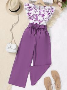 SHEIN 2pcs Tween Girl Floral Print Round Neck Top And Pants Set - Purple - View 3