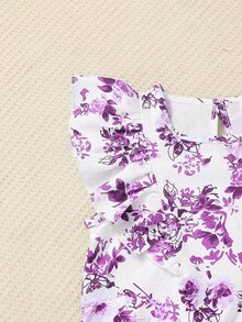 SHEIN 2pcs Tween Girl Floral Print Round Neck Top And Pants Set - Purple - View 6