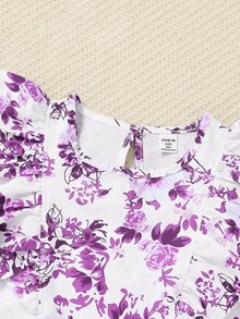 SHEIN 2pcs Tween Girl Floral Print Round Neck Top And Pants Set - Purple - View 4
