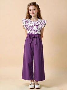 SHEIN 2pcs Tween Girl Floral Print Round Neck Top And Pants Set - Purple - View 1