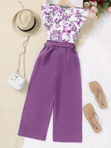 SHEIN 2pcs Tween Girl Floral Print Round Neck Top And Pants Set - Purple - View 2