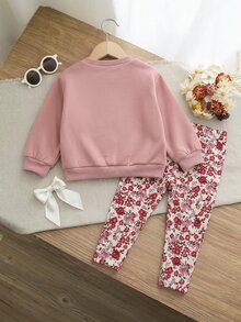 SHEIN 女嬰加厚抓絨套頭上衣，秋季印花蝴蝶結圖案，休閒百搭小碎花加厚內搭褲，適合冬季 - 粉色 - 查看 2