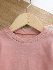 SHEIN 女嬰加厚抓絨套頭上衣，秋季印花蝴蝶結圖案，休閒百搭小碎花加厚內搭褲，適合冬季 - 粉色 - 查看 6