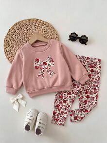 SHEIN 女嬰加厚抓絨套頭上衣，秋季印花蝴蝶結圖案，休閒百搭小碎花加厚內搭褲，適合冬季 - 粉色 - 查看 8