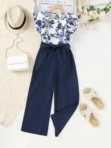SHEIN 青少年女孩 2件組花卉印花短袖上衣褲子套裝，夏季休閒可愛，適合茶會、假期，藍色與白色海軍藍配色 - 彩色 - 查看 3