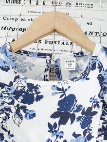 SHEIN 青少年女孩 2件組花卉印花短袖上衣褲子套裝，夏季休閒可愛，適合茶會、假期，藍色與白色海軍藍配色 - 彩色 - 查看 4