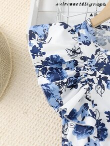 SHEIN 青少年女孩 2件組花卉印花短袖上衣褲子套裝，夏季休閒可愛，適合茶會、假期，藍色與白色海軍藍配色 - 彩色 - 查看 6