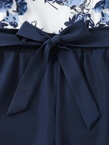 SHEIN 青少年女孩 2件組花卉印花短袖上衣褲子套裝，夏季休閒可愛，適合茶會、假期，藍色與白色海軍藍配色 - 彩色 - 查看 5