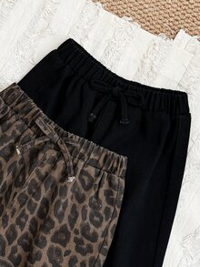 SHEIN 2件裝女孩豹紋與黑色丹寧寬鬆長褲 返校季 - 彩色 - 查看 4