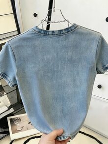 GlowEve 女款休閒優雅奢華鑽飾牛仔效果上衣 - 藍色 - 查看 2