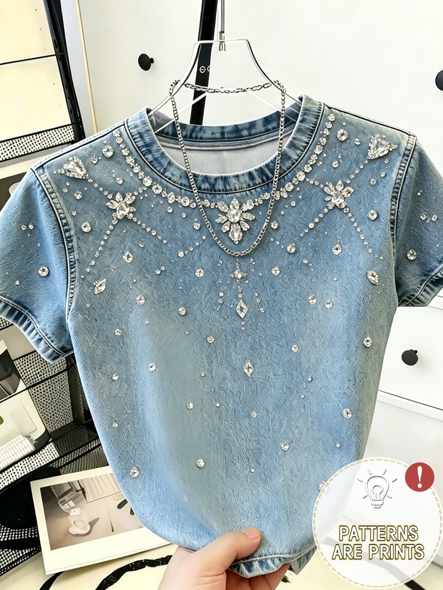GlowEve 女款休閒優雅奢華鑽飾牛仔效果上衣 - 藍色 - 查看 1