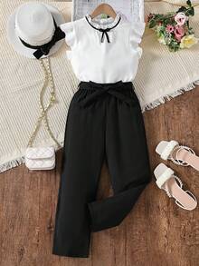 SHEIN Teen Girls 2pcs/Set Casual Ruffle Trim Round Neck Top With Bow Decor And Casual Long Pants, Summer, Cute, Comfortable, Outfit, Daily - Black - View 5